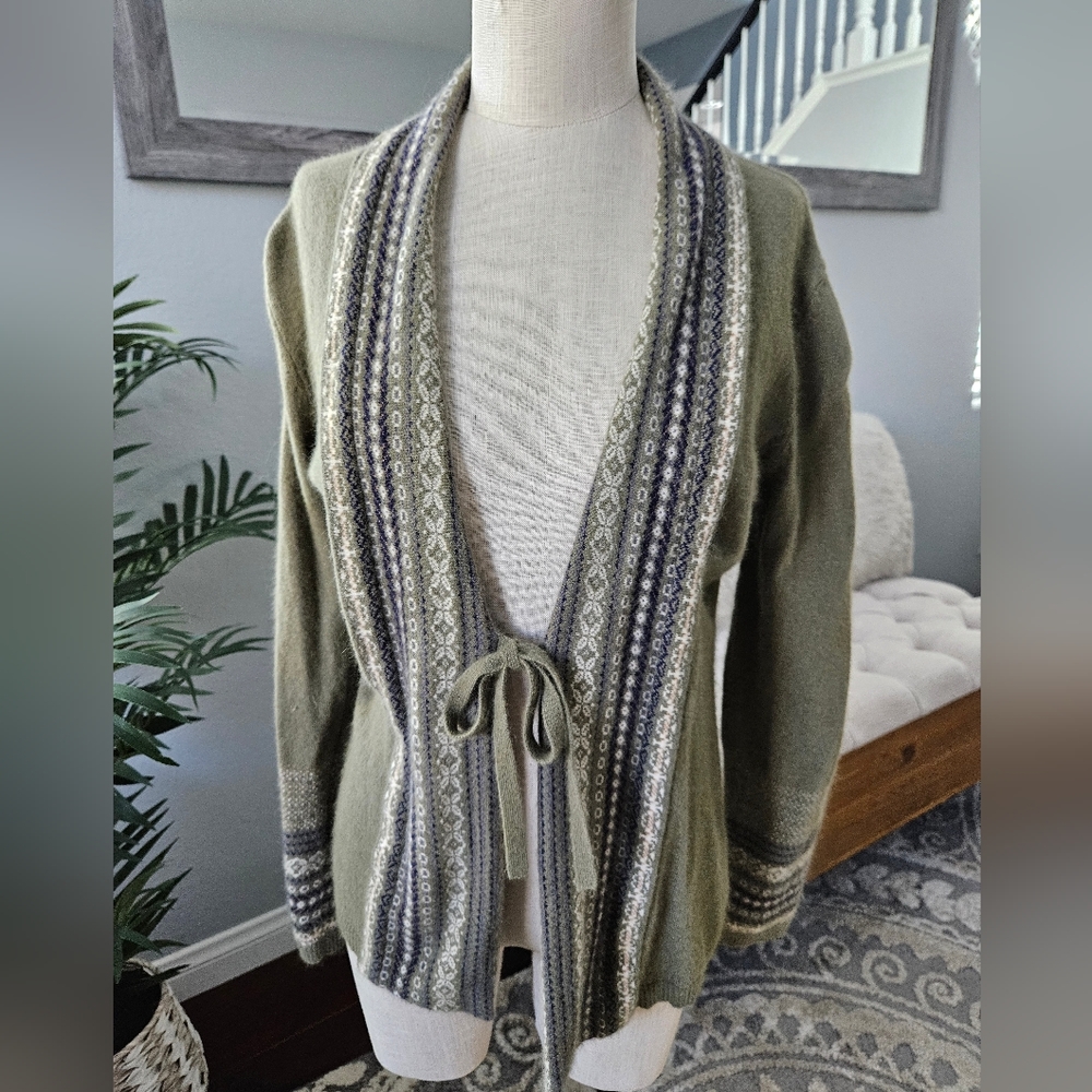 LAL Live A Little- Olive Angora, Lambswool Sweater,Jacket w/front Tie Sz Medium